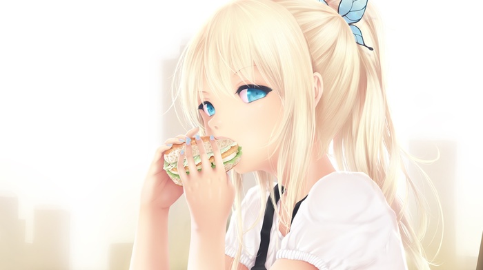 burgers, anime, anime girls, white dress, blue eyes, Kashiwazaki Sena, eating, blonde, long hair, simple background