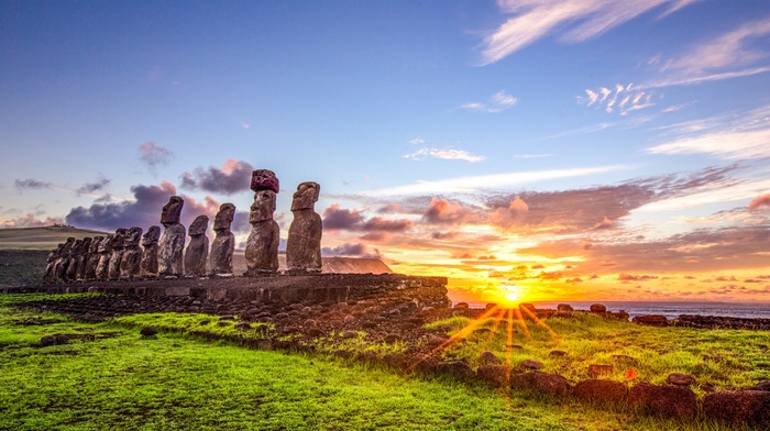 nature, landscape, Chile, Rapa Nui, grass, Easter Island, green, Moai, sea, blue, statue, sunrise, yellow
