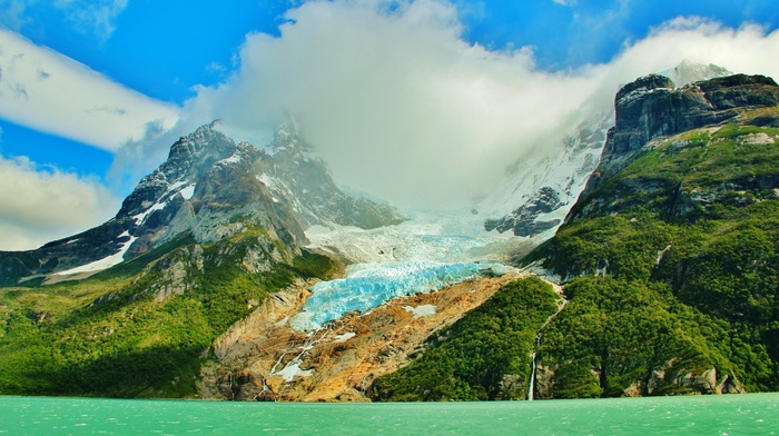 forest, cliff, nature, snowy peak, summer, ice, Patagonia, Chile, lake, glaciers, landscape, mountain