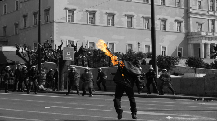 Athens, selective coloring, Greece, protestors, Molotov