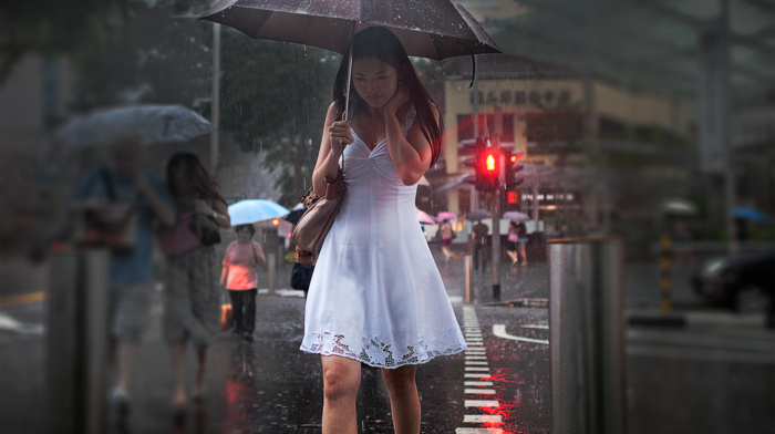 rain, girl, Asian