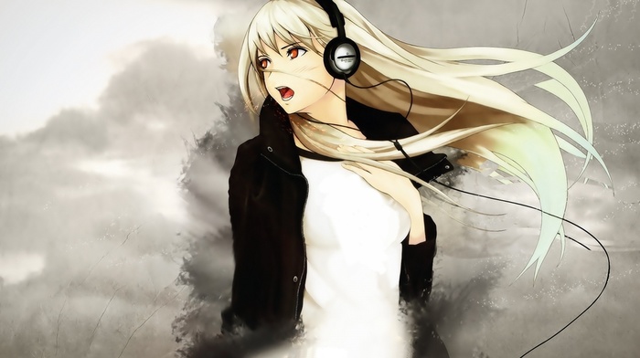 headphones, long hair, anime girls, original characters, anime, blonde, open mouth, girl
