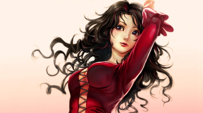 long hair, brunette, anime girls, red dress, dress, curly hair