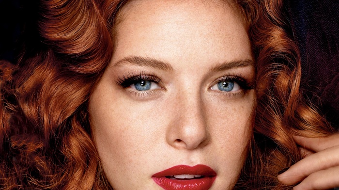 open mouth, blue eyes, long hair, actress, looking at viewer, wavy hair, freckles, girl, portrait, face, red lipstick, Rachelle Lefevre, model, redhead