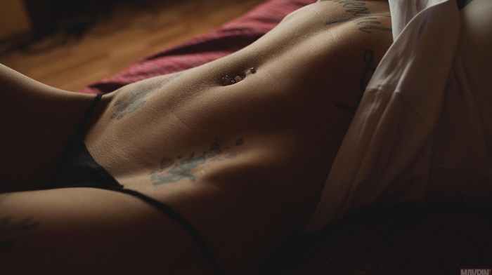 tattoo, pierced navel, black panties, Aleksandr Mavrin, girl, belly, panties, model, shirt