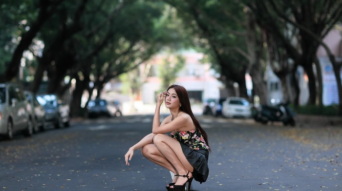 brunette, girl, girl outdoors, skirt, Asian