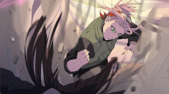 Kunoichi, Haruno Sakura, Naruto Shippuuden, anime girls, green eyes, pink hair, fighting