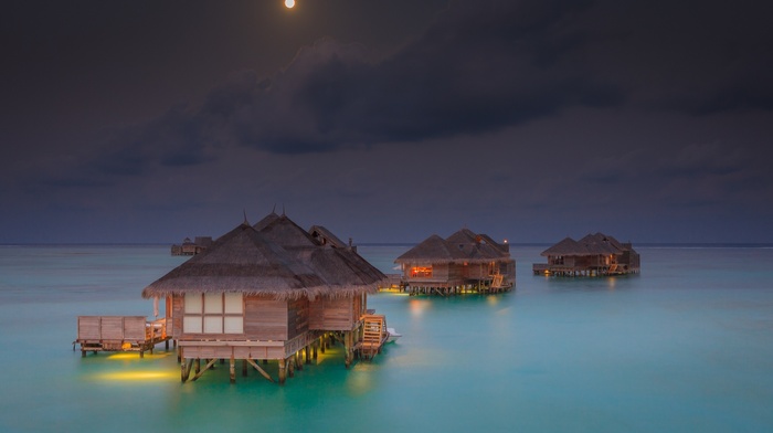 landscape, resort, sea, moon, tropical, beach, bungalow, Maldives, clouds, nature