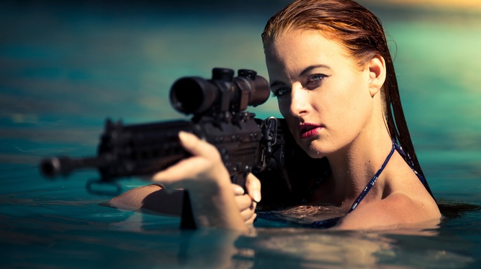 gun, wet hair, rifles, redhead, girl, water, weapon, wet