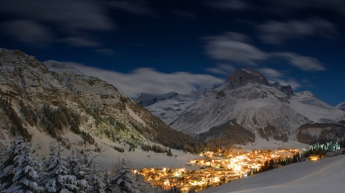 city, lights, nature, starry night, landscape, snowy peak, Austria, forest, Alps, mountain, winter, snow