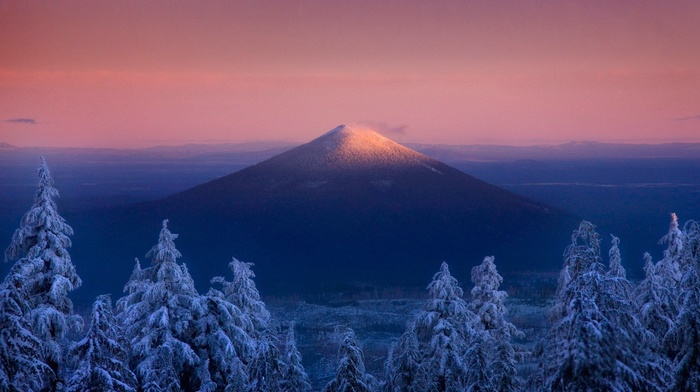 volcano, forest, trees, sunset, winter, mountain, snowy peak, Oregon, nature, snow, landscape