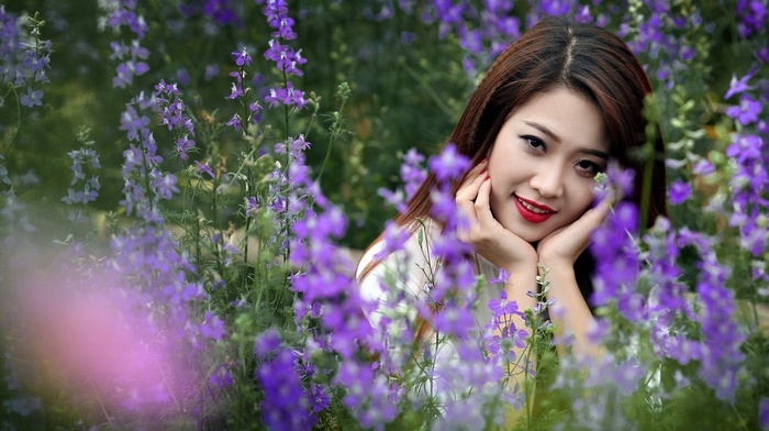 girl, field, girl outdoors, face, red lipstick, smiling, depth of field, Asian, long hair, brunette, nature, looking at viewer, flowers, grass, model