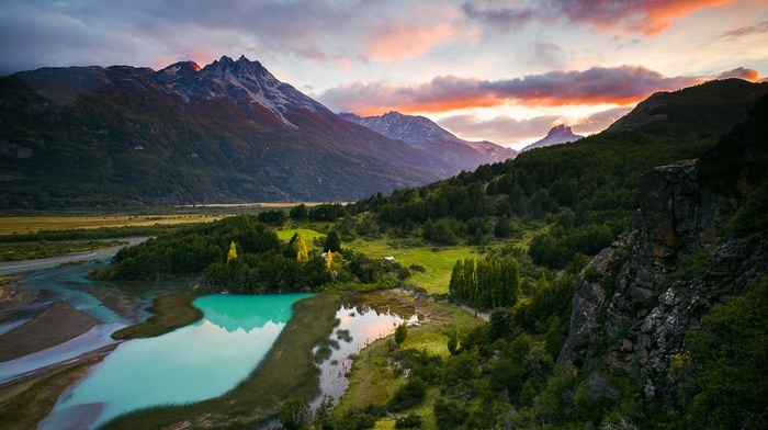 Chile, river, Patagonia, nature, forest, landscape, mountain, valley, turquoise, clouds, snowy peak, sunrise, water