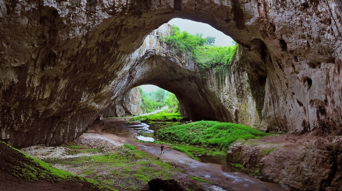 cave, Bulgaria, grass, rock, landscape, river, nature, huge
