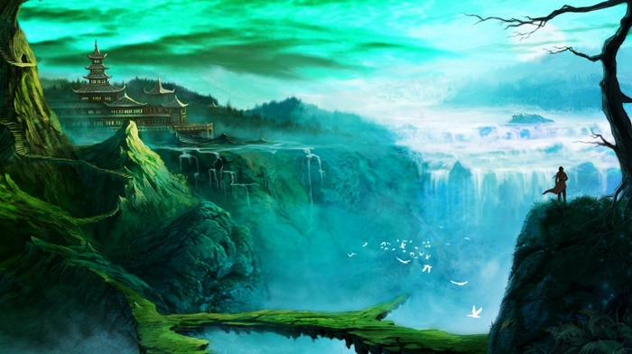 temple, waterfall, fantasy art
