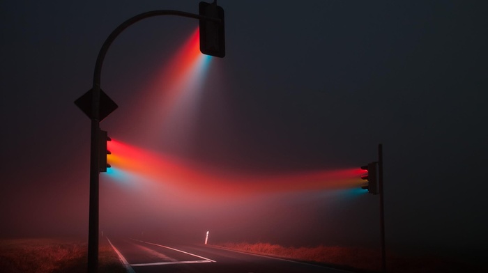 mist, traffic lights, night