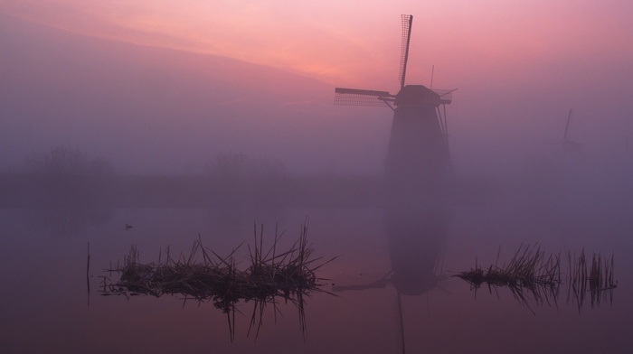 landscape, mist, water, morning, reflection, windmills