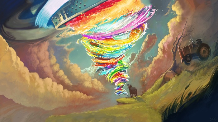 tornado, colorful, psychedelic, tractors, artwork