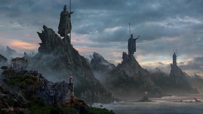 fantasy art, monks, coast