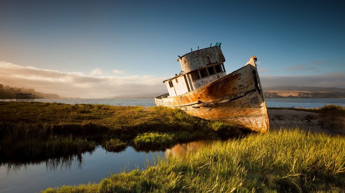 shipwreck, grass, sea, ship, water, sand, hill, nature, clouds, landscape, rust, california