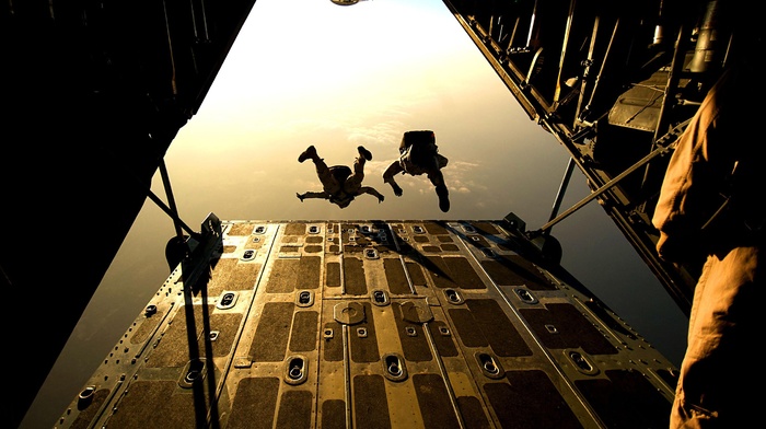 airplane, aerial view, parachutes, rear view, military, aircraft, jumping, men, sky, sunlight