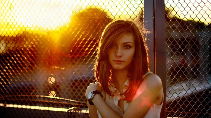 sunset, fence, girl