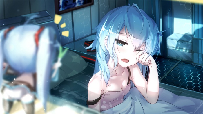 blue, Hatsune Miku, anime, Vocaloid, turquoise eyes, in bed, turquoise hair, anime girls, manga, sleepy