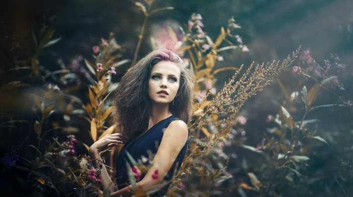 grass, girl outdoors, long hair, brunette, blue eyes, Ksenia Malinina, girl, model