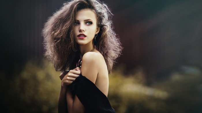 long hair, green eyes, black dress, girl, brunette, dress, Ksenia Malinina, model