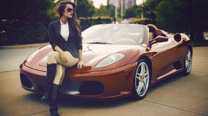 girl, legs  crossed, Ferrari, natalya ignatenko, car, girl with cars, sunglasses, brunette, long hair