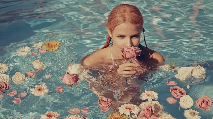 flowers, girl, water