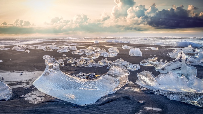 clouds, landscape, beach, ice, nature