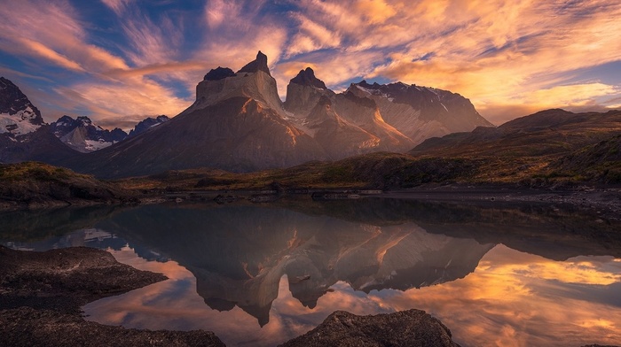 Torres del Paine, reflection, Chile, lake, nature, landscape, mountain, Patagonia, sunrise, clouds
