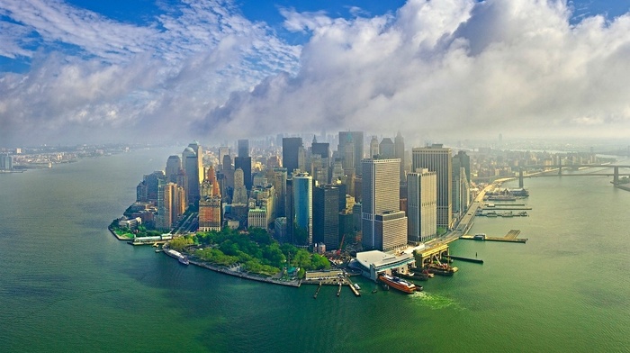 skyscraper, Manhattan, aerial view, water, clouds, landscape, pier, cityscape, New York City