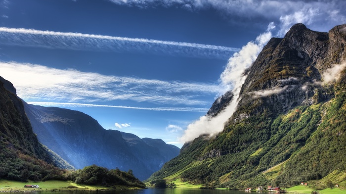 landscape, villages, nature, summer, cliff, mountain, shrubs, Norway