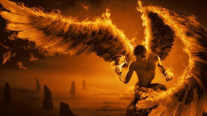 fire man, angel, wings