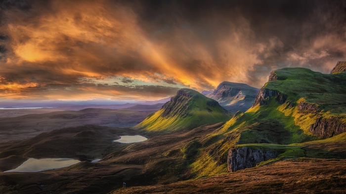 clouds, sunrise, grass, Scotland, nature, UK, mountain, cliff, landscape