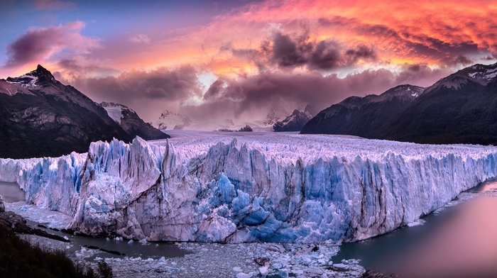 Argentina, clouds, snowy peak, sea, landscape, Perito Moreno, mountain, sunset, glaciers, nature