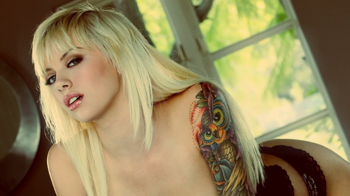 blonde, tattoo, girl, lingerie, emma mae