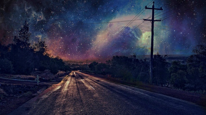 stars, night, utility pole, road