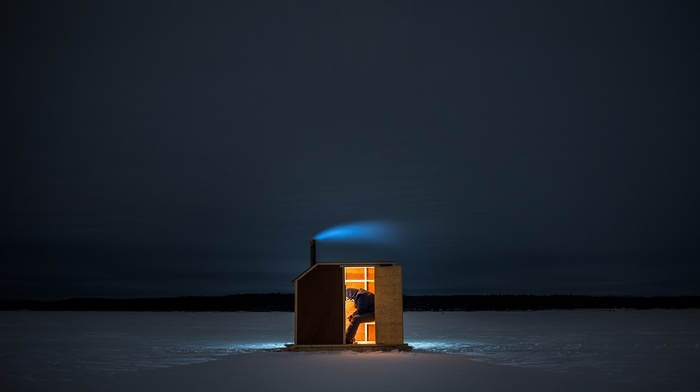 night, people, ice fishing, ice, landscape, alone