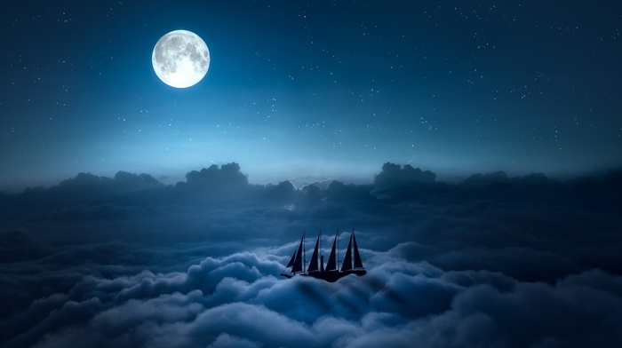 clouds, night, ship, digital art, moon