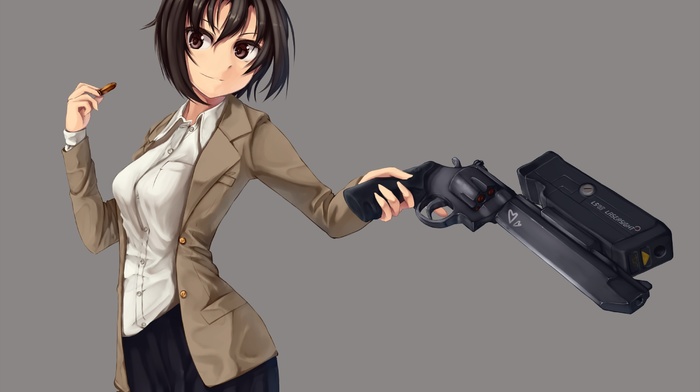 simple background, anime, gun, anime girls, short hair, weapon, dark hair