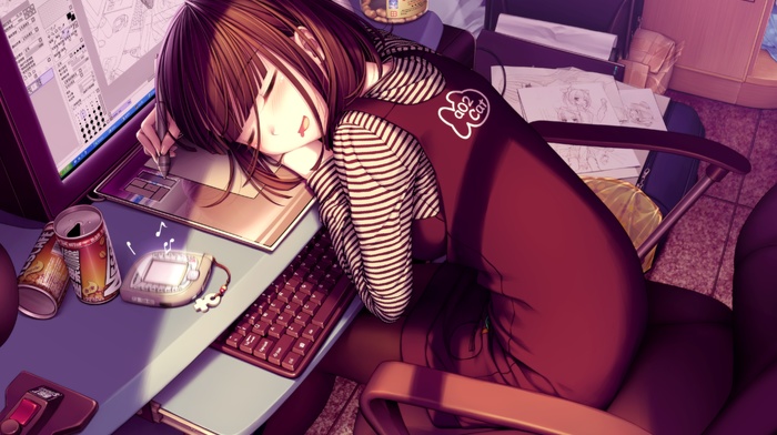 sleeping, computer, chair, graphics tablets, anime girls, Sayori, brunette