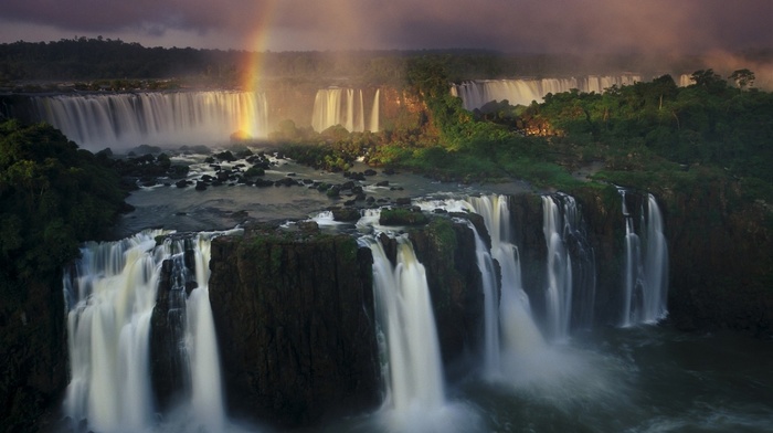 rainbows, Iguazu Falls, Brazil, waterfall, nature, clouds, landscape, forest, river, Argentina
