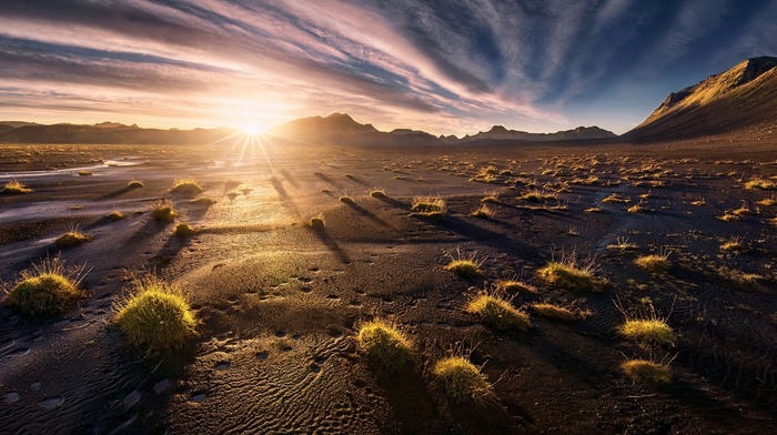 landscape, desert, nature, sunset, grass, mountain, Iceland, clouds