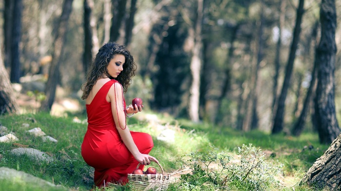 baskets, girl, girl outdoors, red dress, apples, curly hair