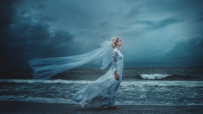 profile, windy, sea, brides, girl