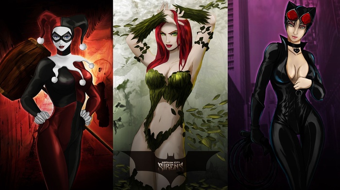 Poison Ivy, Batman, Harley Quinn, digital art, Catwoman, DC Comics, Joker