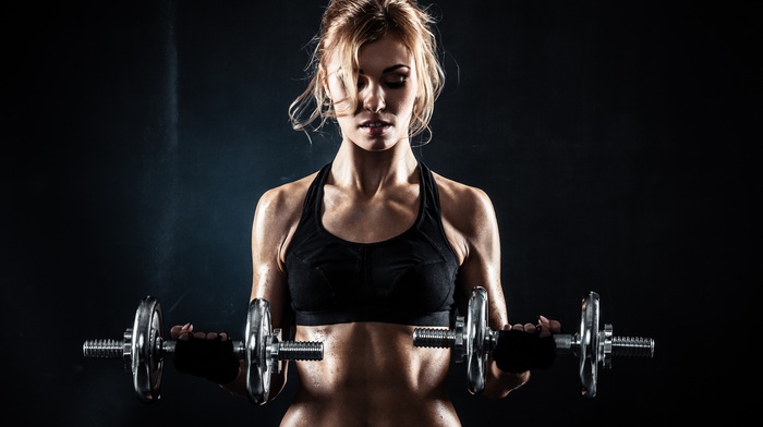 dumbbells, sports bra, fitness model